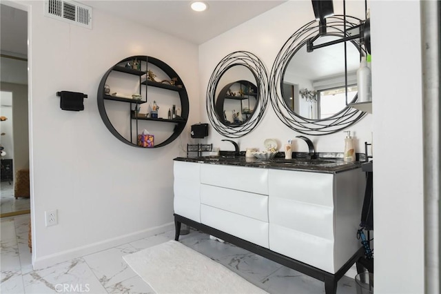5295 Bronson Way, Riverside, CA 92506 - full bathroom featuring marble look tile flooring, recessed lighting, and double vanity