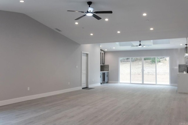 13233 Beechtree St, Lakeside, CA 92040 - unfurnished living room with a ceiling fan, recessed lighting, light wood-style flooring, and lofted ceiling