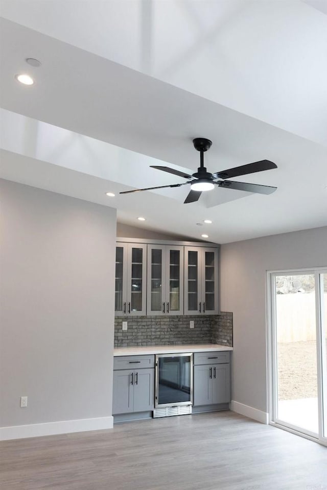 13233 Beechtree St, Lakeside, CA 92040 - indoor bar featuring wine cooler, backsplash, light wood finished floors, recessed lighting, and a ceiling fan
