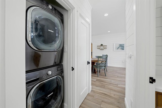 2103 Loquat Pl, Oceanside, CA 92054 - washroom featuring stacked washer and clothes dryer, light wood finished floors, and recessed lighting