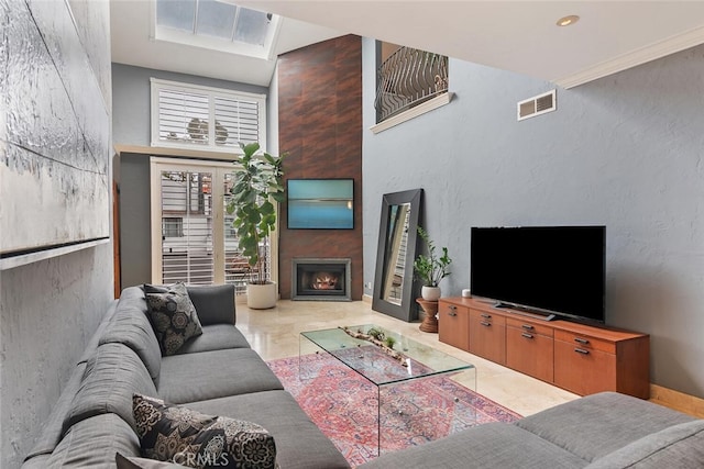 13331 Moorpark St Unit 316, Sherman Oaks, CA 91423 - living room featuring a large fireplace, light marble finish floors, and a high ceiling