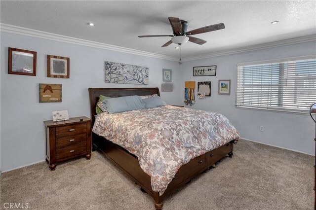 13520 Preciado Ave, Chino, CA 91710 - bedroom featuring light colored carpet, ornamental molding, and a ceiling fan