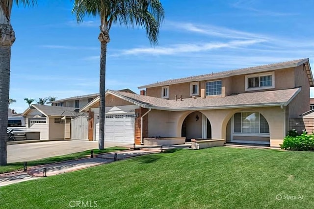 13520 Preciado Ave, Chino, CA 91710 - view of front of home featuring stucco siding, a garage, a front yard, driveway, and roof with shingles