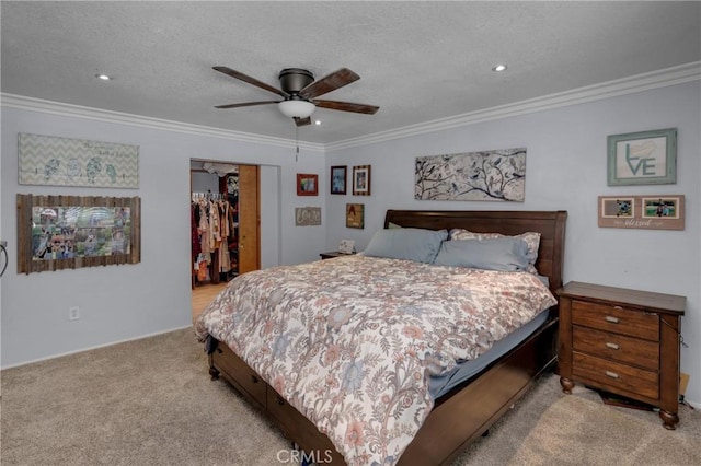 13520 Preciado Ave, Chino, CA 91710 - bedroom featuring carpet flooring, a closet, ornamental molding, a walk in closet, and a textured ceiling