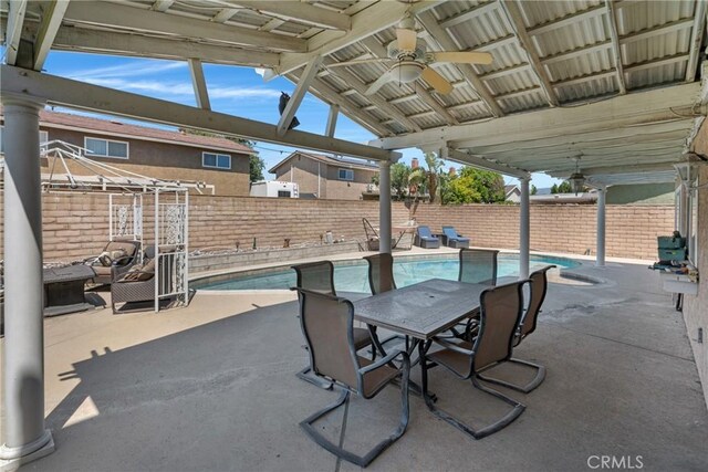 13520 Preciado Ave, Chino, CA 91710 - fenced backyard with ceiling fan, a gazebo, a patio, and an outdoor hangout area