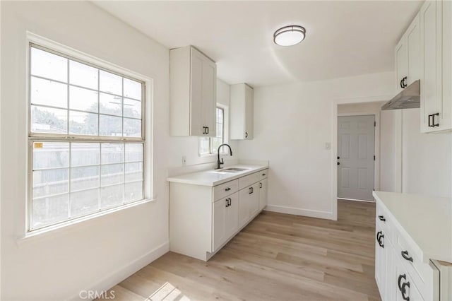 717 La Porte Ave, San Bernardino, CA 92405 - kitchen with light wood-style floors, light countertops, white cabinets, and under cabinet range hood