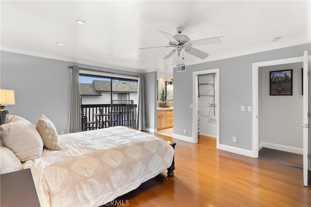 1205 Las Arenas Way Unit 3, Costa Mesa, CA 92627 - bedroom with light wood finished floors, access to exterior, recessed lighting, connected bathroom, and a ceiling fan