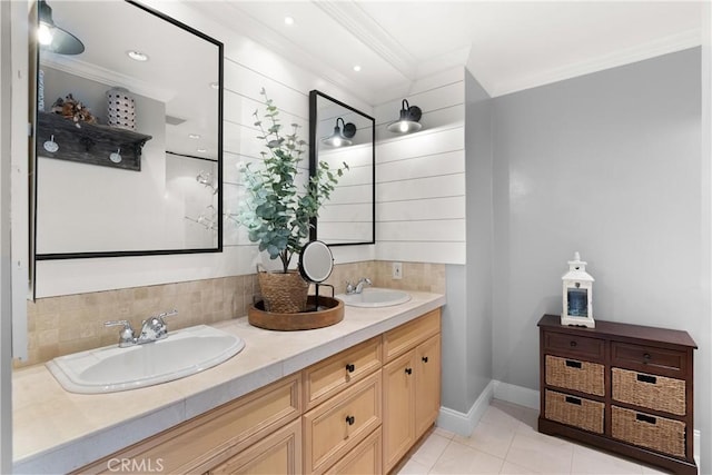 1205 Las Arenas Way Unit 3, Costa Mesa, CA 92627 - bathroom with ornamental molding, double vanity, tasteful backsplash, and tile patterned floors
