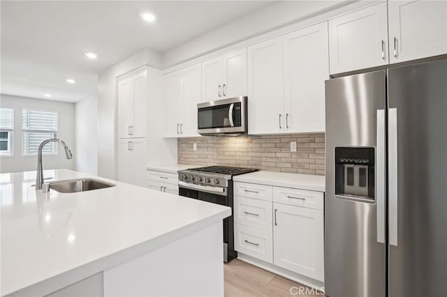1549 Stratus Dr, Pomona, CA 91768 - kitchen featuring appliances with stainless steel finishes, white cabinets, light countertops, backsplash, and recessed lighting