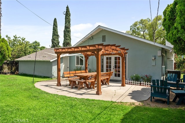3542 Lillian St, Riverside, CA 92504 - back of house featuring a pergola, a lawn, a patio, french doors, and stucco siding