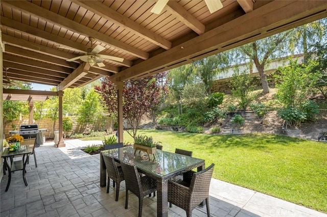 26860 Chaucer Pl, Stevenson Ranch, CA 91381 - fenced backyard with ceiling fan, outdoor dining space, a patio area, and a grill