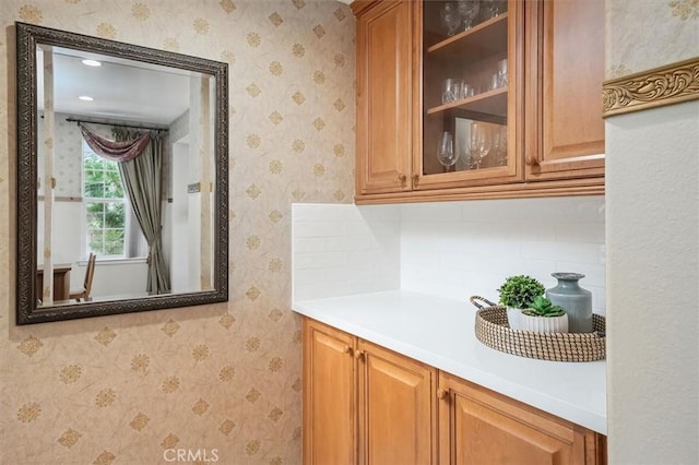 26860 Chaucer Pl, Stevenson Ranch, CA 91381 - bar area with tasteful backsplash and wallpapered walls
