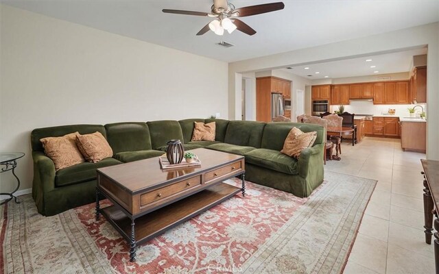 26860 Chaucer Pl, Stevenson Ranch, CA 91381 - living room featuring a ceiling fan, light tile patterned floors, and recessed lighting