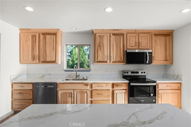 8412 Montna Dr, Paradise, CA 95969 - kitchen featuring stainless steel microwave, dishwasher, black range with electric cooktop, recessed lighting, and light stone countertops