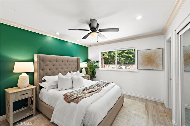 23076 Dune Mear Rd, Lake Forest, CA 92630 - bedroom featuring wood finished floors, ornamental molding, recessed lighting, and a ceiling fan