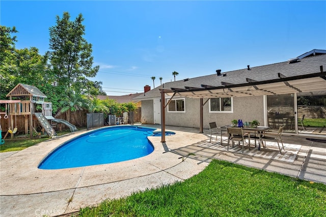 23076 Dune Mear Rd, Lake Forest, CA 92630 - view of pool featuring a pergola, a patio area, a playground, and a water slide