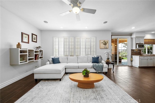 632 Hartwell Ct, Altadena, CA 91001 - living room featuring dark wood-type flooring, a ceiling fan, and recessed lighting