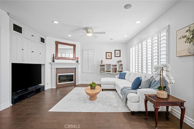 632 Hartwell Ct, Altadena, CA 91001 - living area featuring ceiling fan, a glass covered fireplace, recessed lighting, and dark wood-type flooring