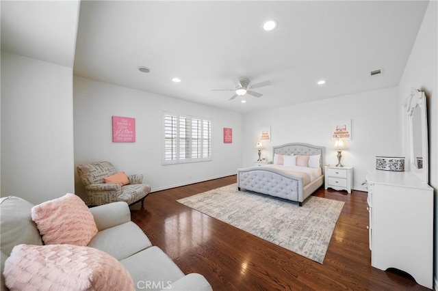 632 Hartwell Ct, Altadena, CA 91001 - bedroom featuring dark wood-style floors, recessed lighting, and a ceiling fan