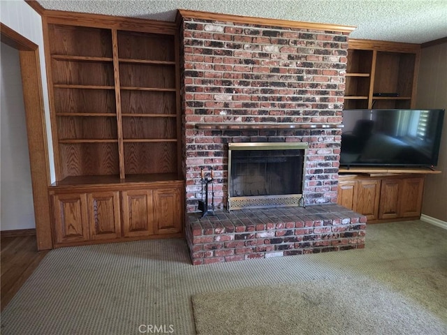 20450 Bassett St, Winnetka, CA 91306 - unfurnished living room with a brick fireplace, carpet floors, and a textured ceiling