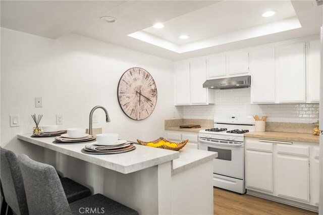38 Woodleaf, Irvine, CA 92614 - kitchen featuring white range with gas stovetop, under cabinet range hood, a peninsula, a raised ceiling, and decorative backsplash