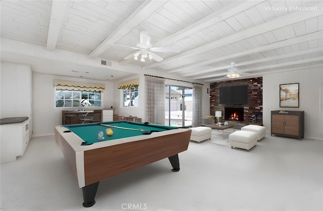 1333 E Tudor St, Covina, CA 91724 - game room featuring pool table, a fireplace, a wood ceiling with exposed beams, and ceiling fan