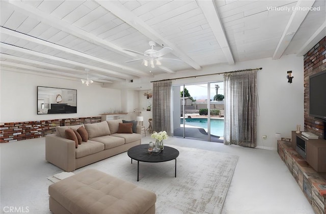 1333 E Tudor St, Covina, CA 91724 - living area featuring a ceiling fan, beam ceiling, a fireplace, and light carpet