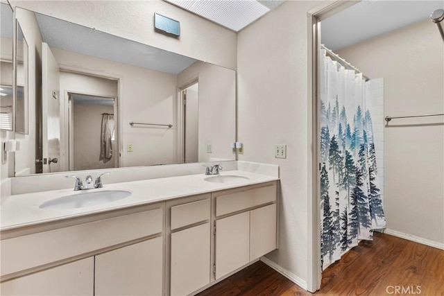 25835 Appian Way, Mission Viejo, CA 92691 - bathroom with wood finished floors, double vanity, and a shower with curtain