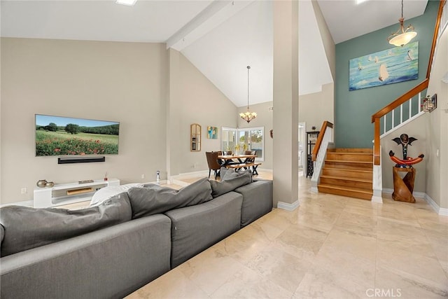 6 Sand Pointe, Laguna Niguel, CA 92677 - living area with a chandelier, high vaulted ceiling, stairway, and beam ceiling