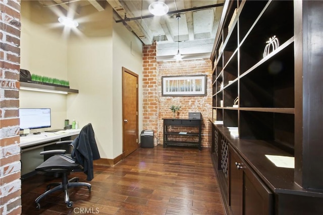 201 E Broadway, Long Beach, CA 90802 - office area featuring dark wood-type flooring, brick wall, and a high ceiling