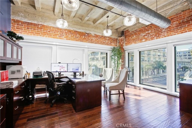 201 E Broadway, Long Beach, CA 90802 - office space featuring brick wall, dark wood-style flooring, and a towering ceiling