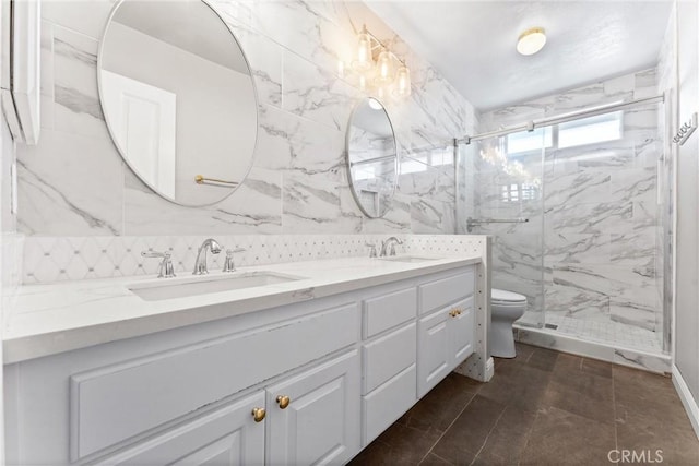 21751 Lanar, Mission Viejo, CA 92692 - full bathroom featuring double vanity, a marble finish shower, and tile walls
