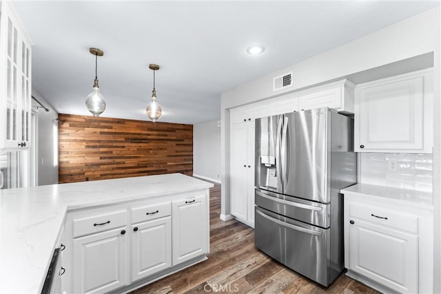 21751 Lanar, Mission Viejo, CA 92692 - kitchen featuring stainless steel fridge with ice dispenser, white cabinetry, decorative light fixtures, light stone countertops, and dark wood-style flooring