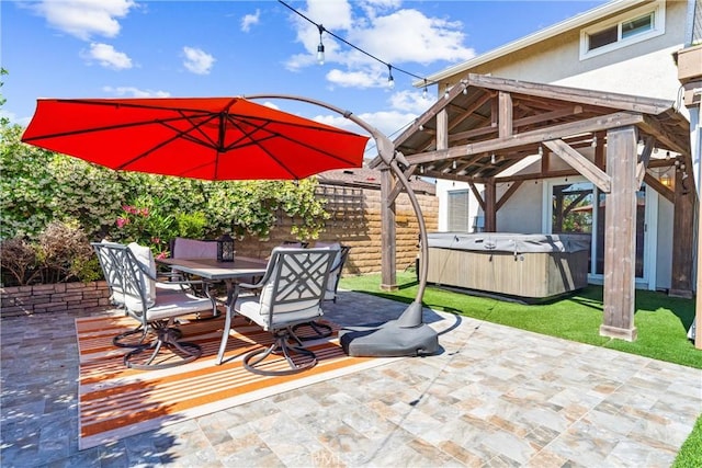 21751 Lanar, Mission Viejo, CA 92692 - fenced backyard with a hot tub, a patio area, outdoor dining area, and a gazebo