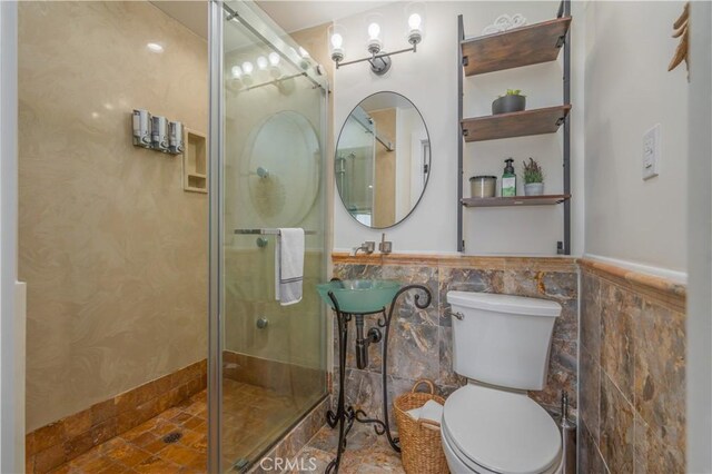 14757 Rockhill Dr, Hacienda Heights, CA 91745 - full bathroom featuring tile walls, a stall shower, and a wainscoted wall