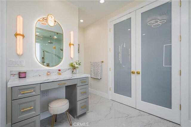 14757 Rockhill Dr, Hacienda Heights, CA 91745 - full bathroom featuring marble finish flooring, vanity, recessed lighting, and a marble finish shower