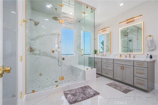 14757 Rockhill Dr, Hacienda Heights, CA 91745 - full bath with a marble finish shower, double vanity, and marble finish flooring