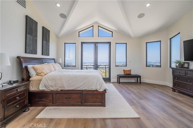 14757 Rockhill Dr, Hacienda Heights, CA 91745 - bedroom with access to outside, vaulted ceiling, and light wood-style floors