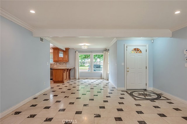 20129 Halsted St, Chatsworth, CA 91311 - foyer entrance featuring crown molding, recessed lighting, and light tile patterned floors