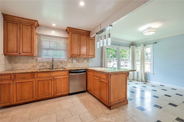 20129 Halsted St, Chatsworth, CA 91311 - kitchen with dishwasher, brown cabinets, a peninsula, decorative backsplash, and recessed lighting