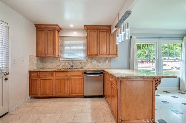 20129 Halsted St, Chatsworth, CA 91311 - kitchen featuring stainless steel dishwasher, a peninsula, brown cabinetry, tasteful backsplash, and light stone countertops