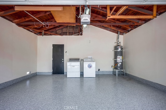 10028 Judy Ct, Riverside, CA 92503 - garage featuring secured water heater, washer and dryer, wood ceiling, and a garage door opener