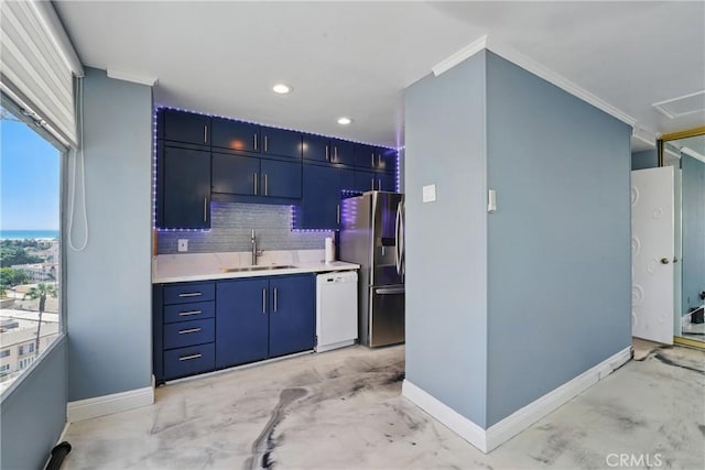 100 Atlantic Ave Unit 1012, Long Beach, CA 90802 - kitchen with white dishwasher, stainless steel refrigerator with ice dispenser, ornamental molding, tasteful backsplash, and light countertops
