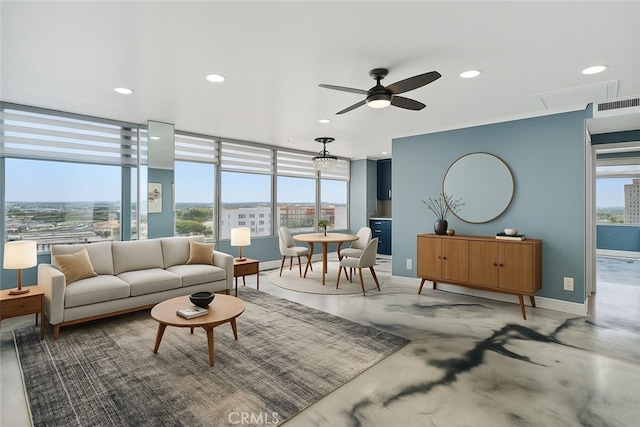 100 Atlantic Ave Unit 1012, Long Beach, CA 90802 - living room featuring a ceiling fan, healthy amount of natural light, recessed lighting, finished concrete flooring, and attic access