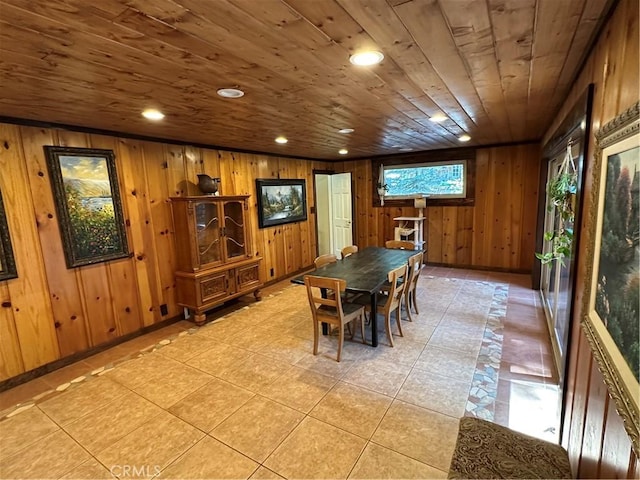41379 Rainbow Ln, Forest Falls, CA 92339 - dining space with wood ceiling, wood walls, light tile patterned flooring, and recessed lighting