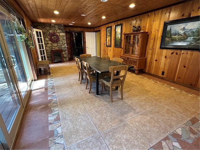 41379 Rainbow Ln, Forest Falls, CA 92339 - dining space with wooden ceiling, recessed lighting, wood walls, and light tile patterned floors