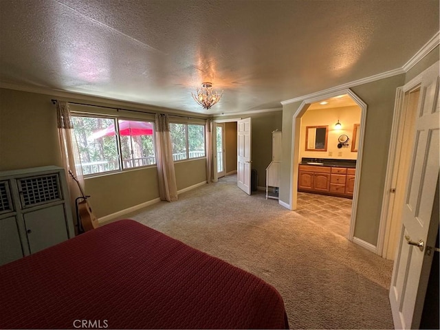 41379 Rainbow Ln, Forest Falls, CA 92339 - bedroom featuring ornamental molding, light carpet, a chandelier, multiple windows, and ensuite bath