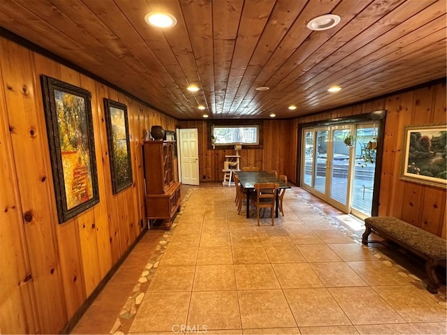 41379 Rainbow Ln, Forest Falls, CA 92339 - dining room featuring wooden walls, wood ceiling, light tile patterned floors, and recessed lighting