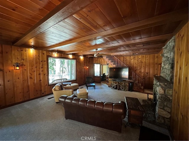 41379 Rainbow Ln, Forest Falls, CA 92339 - living area with a wooden ceiling with exposed beams, carpet, and wooden walls