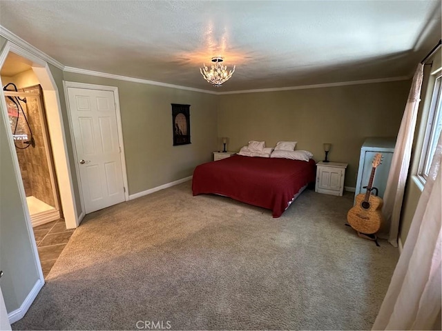41379 Rainbow Ln, Forest Falls, CA 92339 - carpeted bedroom with a chandelier, crown molding, and arched walkways